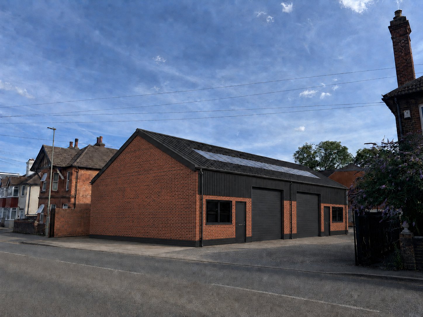 285 Stoughton Road shown as the completed refurbishment — two roadside units in brick with dark cladding and a private yard