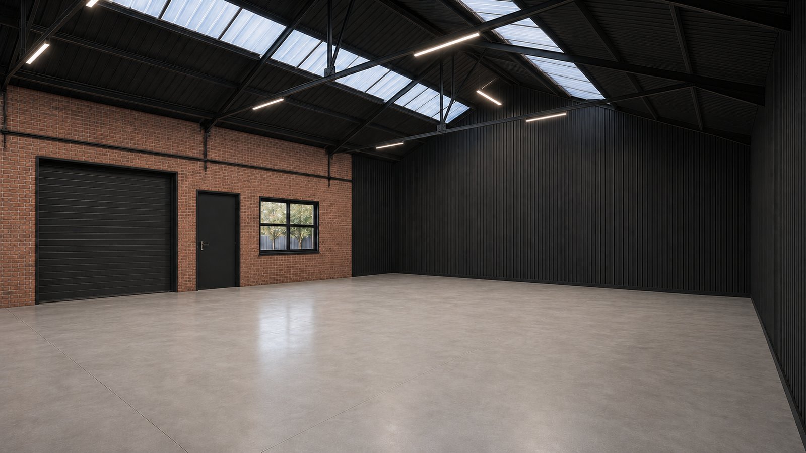 Interior concept of a completed 285 Stoughton Road unit — exposed brick wall with roller shutter, dark cladding, rooflights and a polished concrete floor