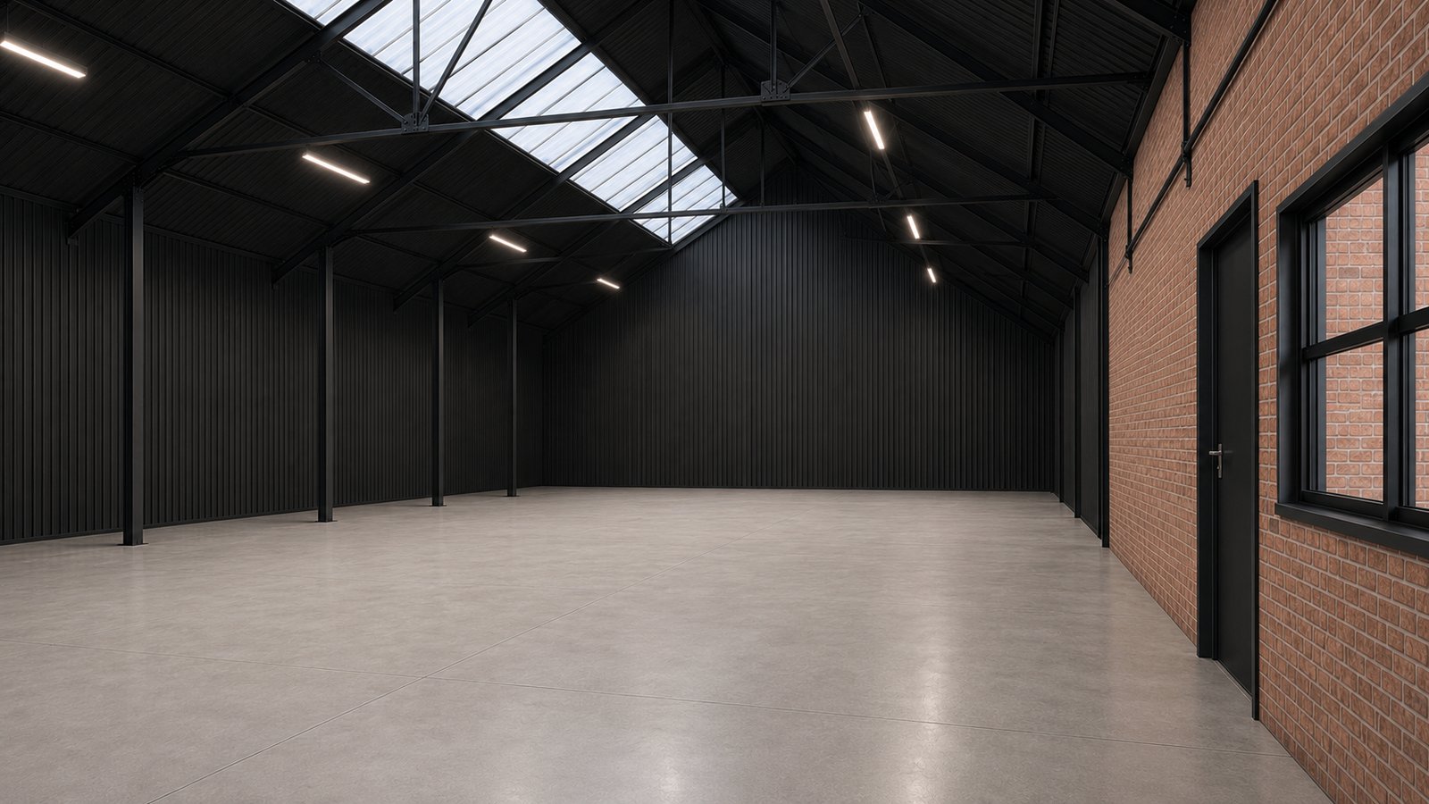 Interior concept of a completed 285 Stoughton Road unit — clear-span space with steel frame, rooflights and exposed brick