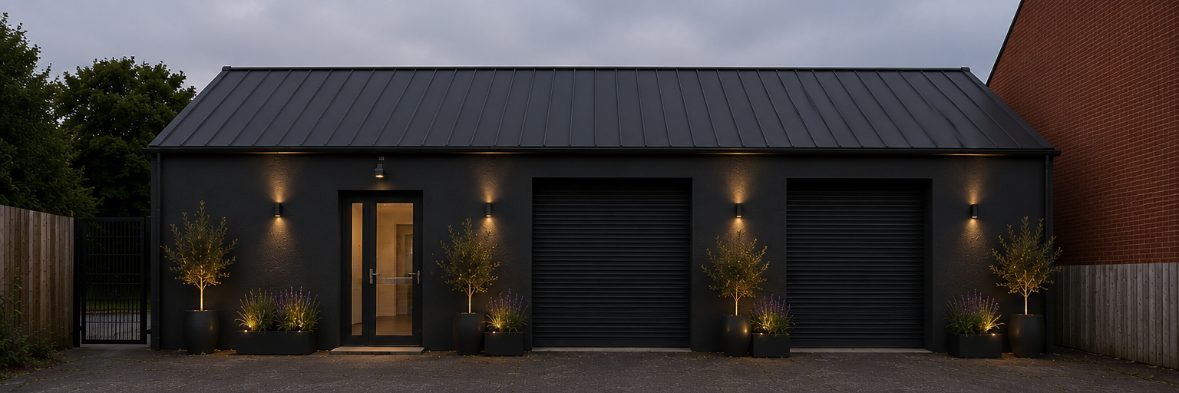 285 Stoughton Road shown as the completed refurbishment — dark-clad units with landscaped frontage